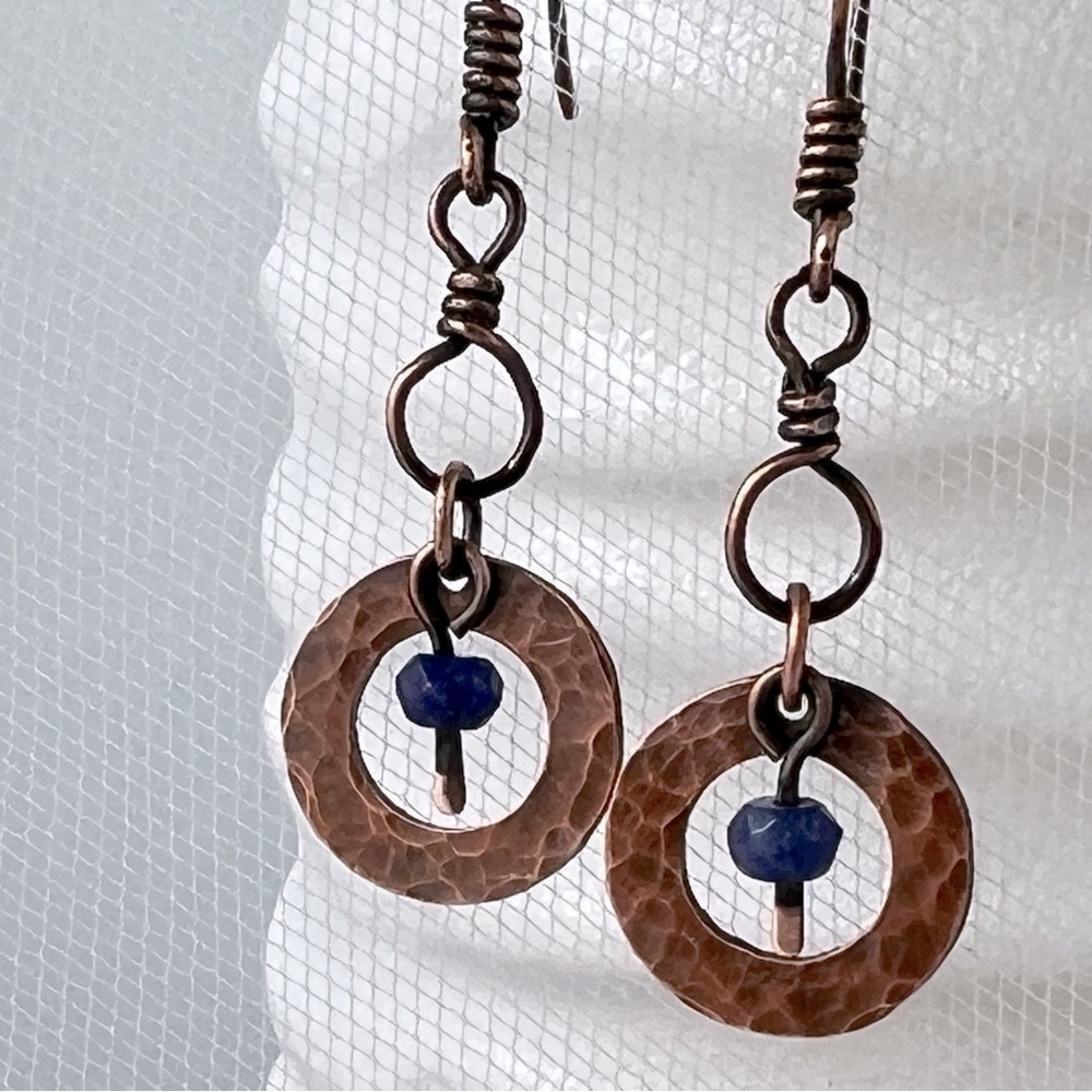 Artisan Hammered Copper Dangle Earrings with Jade Accent Beads - Picture 2 of 12